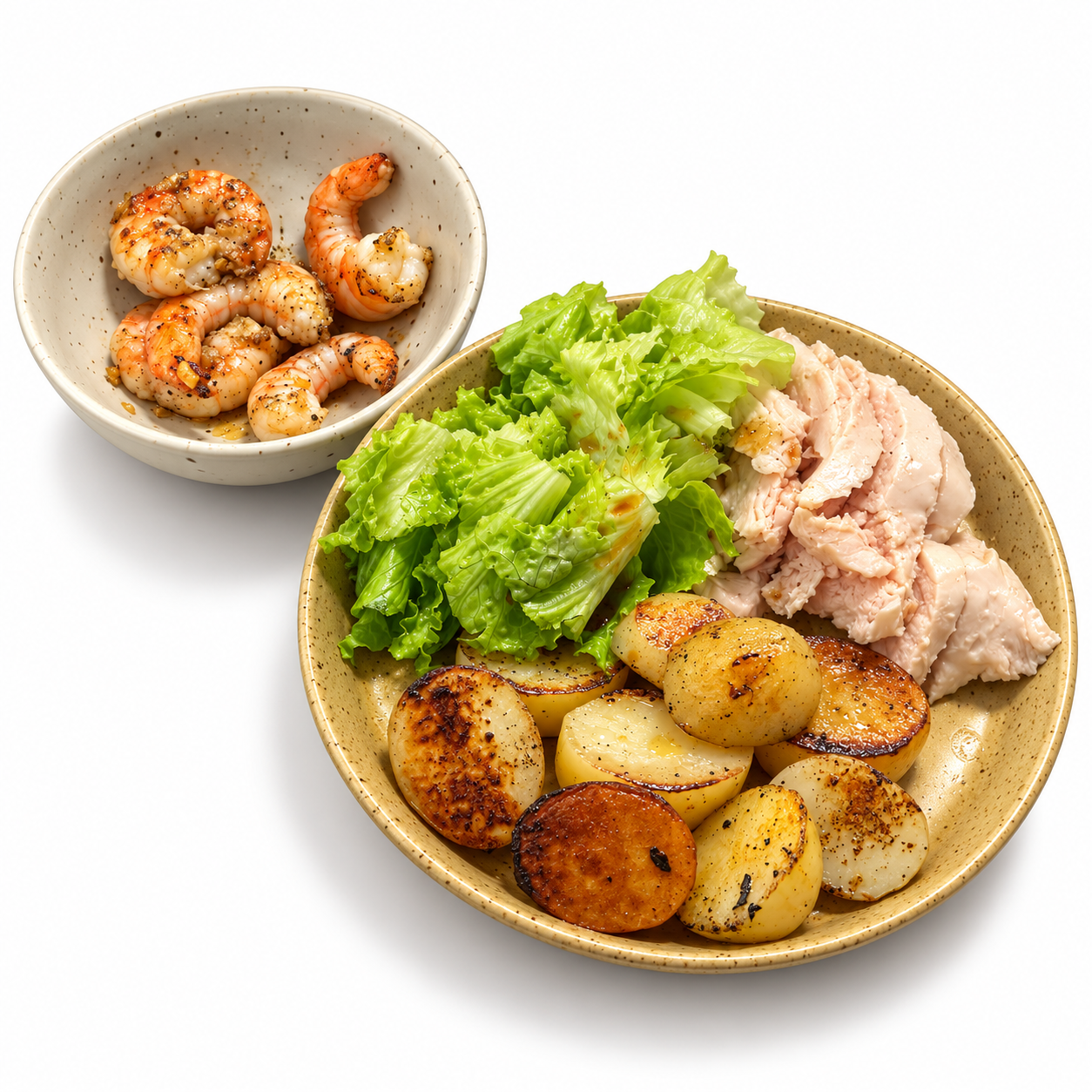 薯仔、雞胸、生菜及蒜香海蝦的白底 3D 食物插圖